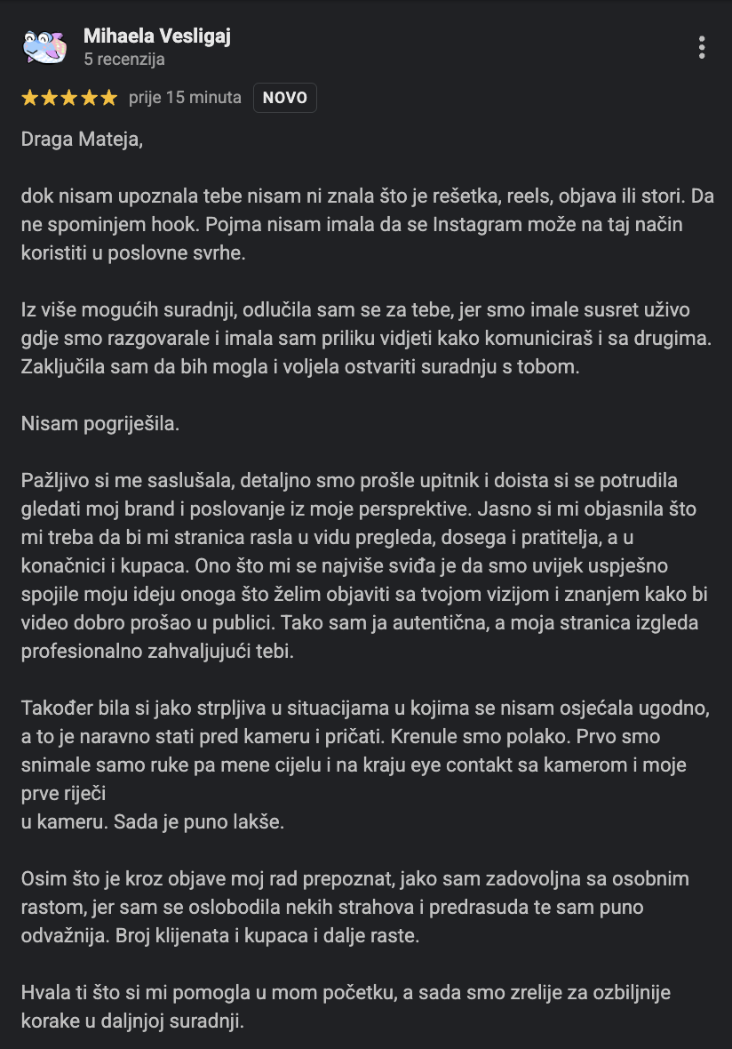 Recenzija klijenta — Mihaela Vesligaj